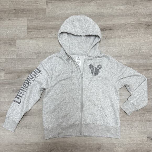 Disney Mickey IconBedazzled Gray ZipUp Hoodie DISNEYLAND RESORT Sz Womens L - Picture 1 of 5